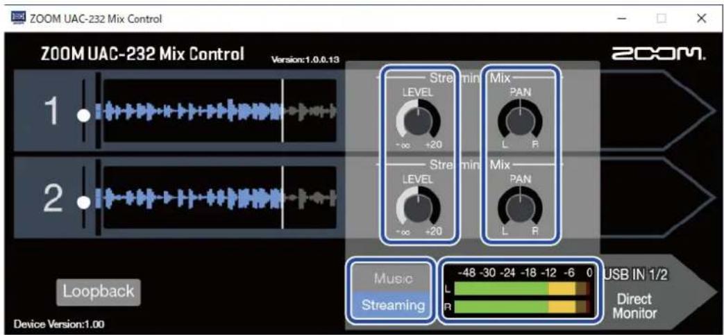 ZOOM UAC-232 Mix Control ZOOM UAC-232 Mix Control Version:1.0.0.13 1. 2. Loopback Device Version:1.00 Streammin LEVEL -∞ +20 Streammin LEVEL -∞ +20 Mix- PAN L R Mix- PAN L R Music Streaming -48 -30 -24 -18 -12 -6 0 USB IN 1/2 L R Direct Monitor