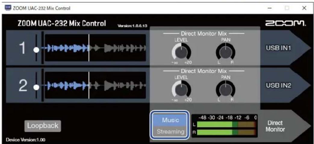 ZOOM UAC-232 Mix Control ZOOM UAC-232 Mix Control Version:1.0.0.13 1. 2. Loopback Device Version:1.00 Direct Monitor Mix LEVEL PAN -∞ +20 L R USB IN1 2. Music Streaming L R -∞ +20 L R USB IN2 -48 -30 -24 -18 -12 -6 0 Direct Monitor Device Version:1.00
