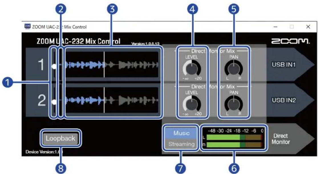 ZOOM UAC-232 Mix Control ZOOM UAC-232 Mix Control Version:1.0.0.13 1 2 Loopback Device Version:1.0 2 4 Direct Level +∞ +20 Direct Level +∞ +20 Monitor Mix PAN L R Monitor Mix PAN L R USB IN1 USB IN2 Music Streaming -48 -30 -24 -18 -12 -6 0 L R Direct Monitor