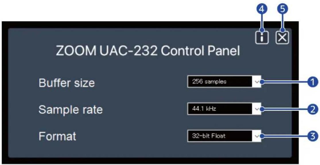 ZOOM UAC-232 Control Panel Buffer size 256 samples Sample rate 44.1 kHz Format 32-bit Float