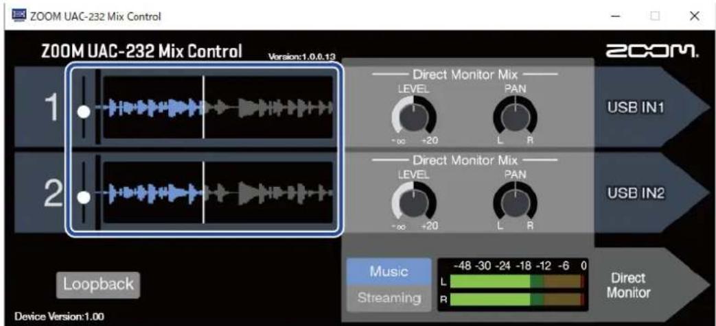 ZOOM UAC-232 Mix Control ZOOM UAC-232 Mix Control Version:1.0.0.13 1 2 Loopback Device Version:1.00 Direct Monitor Mix LEVEL PAN -∞ +20 L R USB IN1 USB IN2 Music L R -∞ +20 L R -48 -30 -24 -18 -12 -6 0 Direct Monitor Streaming
