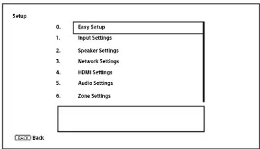 Setup 0. Easy Setup 1. Input Settings 2. Speaker Settings 3. Network Settings 4. HDMI Settings 5. Audio Settings 6. Zone Settings Back