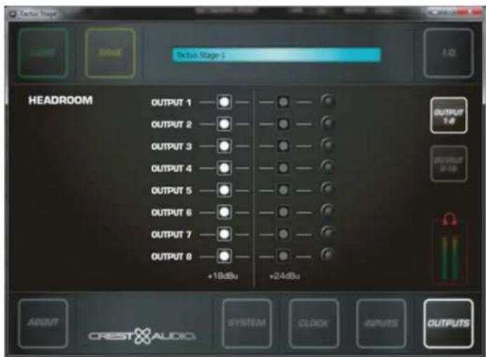 HEADROOM OUTPUT 1 —● —— ● —— OUTPUT 2 —● —— ● —— OUTPUT 3 —● —— ● —— OUTPUT 4 —● —— ● —— OUTPUT 5 —● —— ● —— OUTPUT 6 —● —— ● —— OUTPUT 7 —● —— ● —— OUTPUT 8 —● —— ● —— +18dBu +24dBu ABOUT CREST AUDIO SYSTEM CLOCK INPUTS OUTPUTS