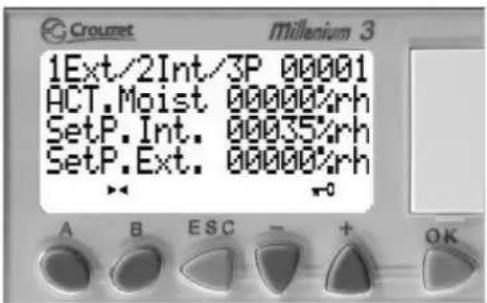 Crouret Millenium 3 1Ext/2Int/3P 00001 ACT.Moist 00000%rh SetP.Int. 00035%rh SetP.Ext. 00000%rh A B ESC - + OK