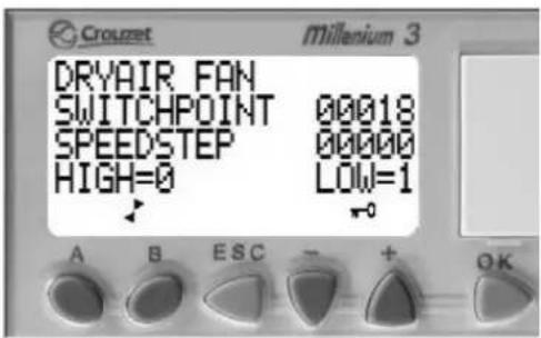 Crouzet Millenium 3 DRYAIR FAN SWITCHPOINT 00018 SPEEDSTEP 00000 HIGH=0 LOW=1 A B ESC - + OK