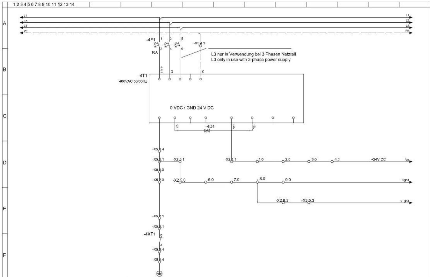 1 2 3 4 5 6 7 8 9 10 11 12 13 14 A L1 L2 L3 PE -4F1 1 3 5 -X5.4.2 10A 2 4 6 B -4T1 400VAC 50/60Hz L3 nur in Verwendung bei 3 Phasen Netzteil L3 only in use with 3-phase power supply C 0 VDC / GND 24 V DC D -X5.1.4 -X5.1.1 -X2.5.1 -X5.1.0 -X5.2.0 -X2.5.0 -4XT1 -X5.2.1 -X5.8.1 -A -X5.8.4 -X5.8.4 -E -V…