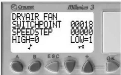 Croumet Millenium 3 DRYAIR FAN SWITCHPOINT 00018 SPEEDSTEP 00000 HIGH=0 LOW=1 A B ESC - + OK