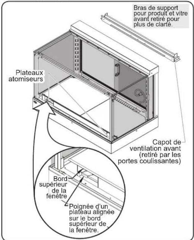 Bras de support pour produit et vitre avant retiré pour plus de clarté. Plateaux atomiseurs Capot de ventilation avant (retiré par les portes coulissantes) Bord supérieur de la fenêtre Poignée d'un plateau alignée sur le bord supérieur de la fenêtre.