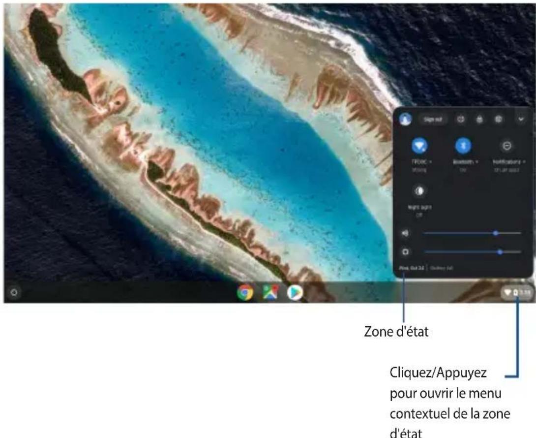 Zone d'état Cliquez/Appuyez pour ouvrir le menu contextuel de la zone d'état