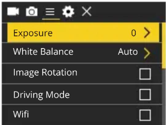 Exposure 0 > White Balance Auto > Image Rotation Driving Mode Wifi