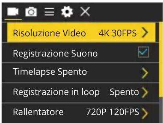 Risoluzione Video 4K 30FPS Registrazione Suono Timelapse Spento Registrazione in loop Spento Rallentatore 720P 120FPS