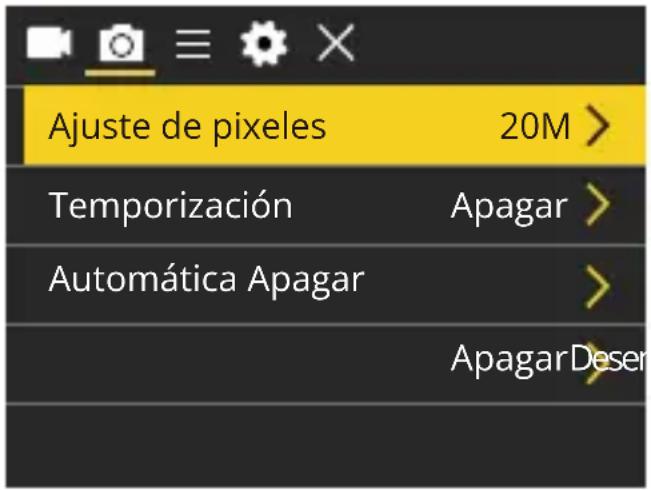 Ajuste de pixeles 20M > Temporización Apagar > Automática Apagar > Apagar Deser