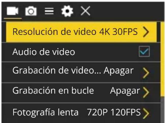 Resolución de video 4K 30FPS > Audio de video Grabación de video... Apagar > Grabación en bucle Apagar > Fotografía lenta 720P 120FPS >