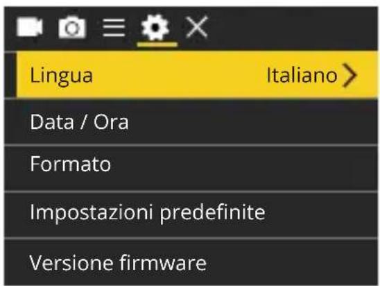 Lingua Italiano > Data / Ora Formato Impostazioni predefinite Versione firmware