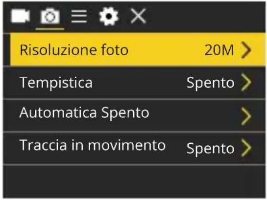Risoluzione foto 20M > Tempistica Spento > Automatica Spento > Traccia in movimento Spento >
