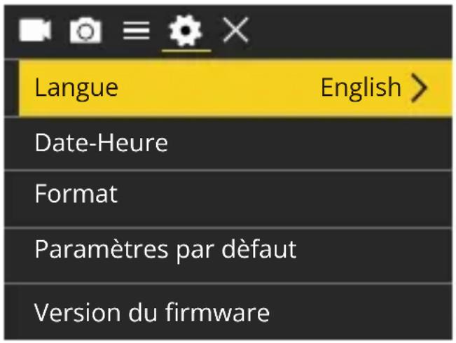 Langue English > Date-Heure Format Paramètres par défaut Version du firmware