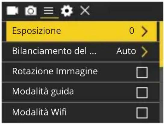 Esposizione 0 > Bilanciamento del ... Auto > Rotazione Immagine Modalità guida Modalità Wifi