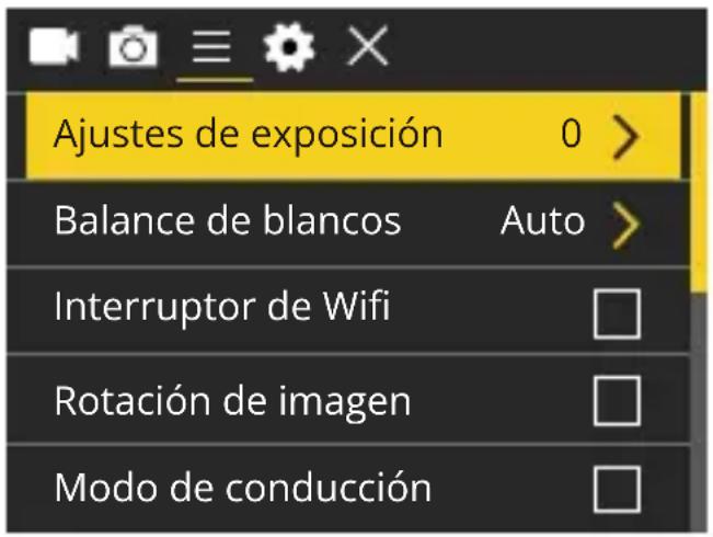 Ajustes de exposición 0 > Balance de blancos Auto > Interruptor de Wifi Rotación de imagen Modo de conducción