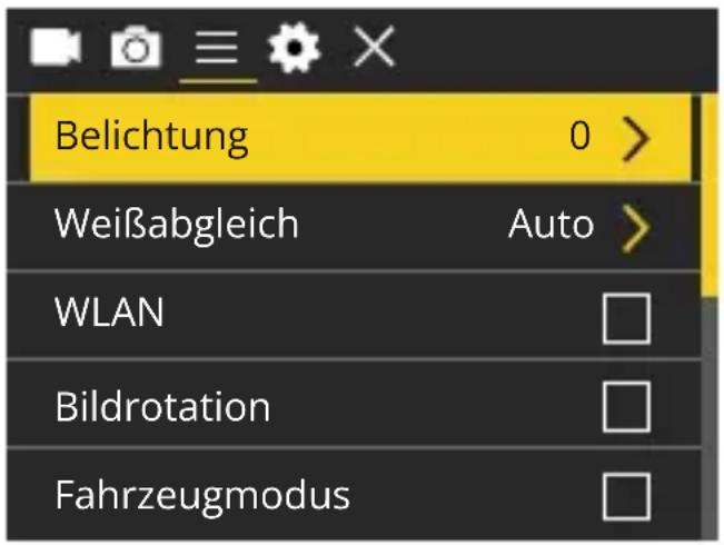 Belichtung 0 > Weißabgleich Auto > WLAN Bildrotation Fahrzeugmodus