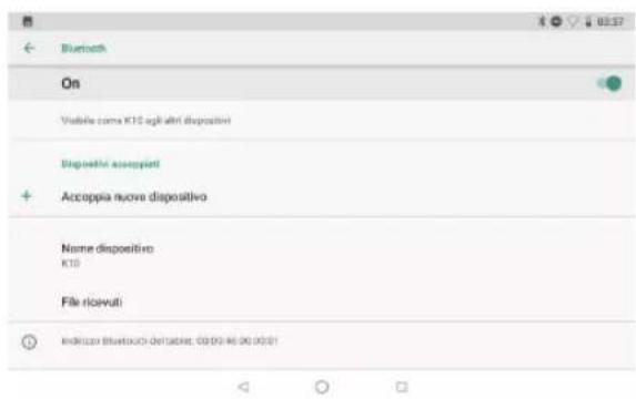 Bluetooth On Visible coma K10 agli alti dispositivo Dispositivo accessivi Accoppia nuove dispositivo Nome dispositivo K10 File ricevuti indicci Bluetooth detabile: 00:00:46 00:00:01