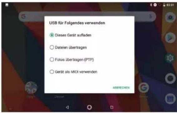 USB für Folgendes verwenden • Dieses Gerät aufladen ○ Dateien übertragen ○ Fotos übertragen (PTP) ○ Gerät als MIDI verwenden ABBRECHEN
