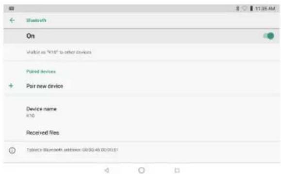 Bluetooth On Walk up as "H10" to other devices Paired devices Pair new device Device name H10 Received files Tobler's Bluetooth address: 03(02)4h 00:00:01
