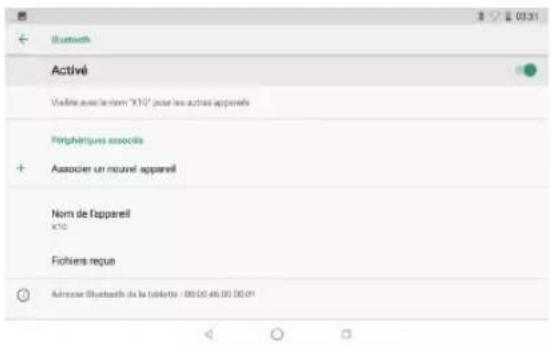 Activé Visérée avec le nom "X10" pour les autres apparels Phingériques associés + Associer un nouvel appareil Nom de l'appareil X10 Fichiers reque Adresser Bluetooth du la tablette : 00:00 46:00 00:01