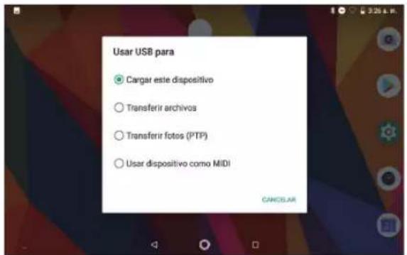 Usar USB para • Cargar este dispositivo ○ Transferir archivos ○ Transferir fotos (PTP) ○ Usar dispositivo como MIDI CANCELAR