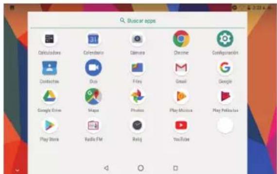 Buscar apps Calculadora Calendarlo Camera Chrome Configacion Contacts Duo Play Google Google Drive Maps Photos Play Musicia Play Pandora Play Store Radio FM Relay YouTube