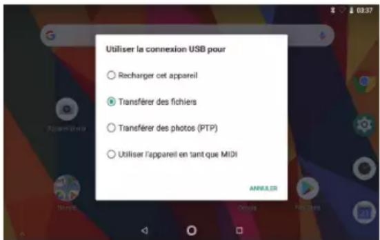 Utiliser la connexion USB pour ○ Recharger cet appareil ● Transferer des fichiers ○ Transferer des photos (PTP) ○ Utiliser l'appareil en tant que MIDI