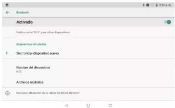 Bluetooth Activado Visible como "K10" para otras dispositivos Dispositivos avinculadas Sincronizar dispositivo nuevo Nombre del dispositivo K10 Archivos recibidos Densión Bluetooth de la láber: D0.01-46.00 00:01