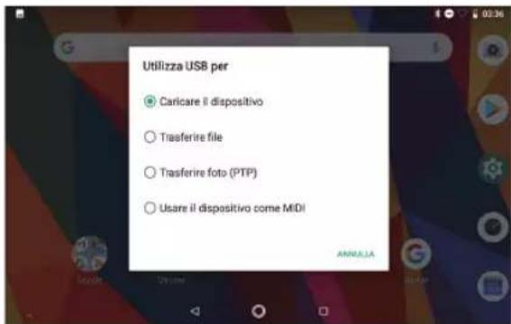 Utilizza USB per Caricare il dispositivo Trasferire file Trasferire foto (PTP) Usare il dispositivo come MIDI