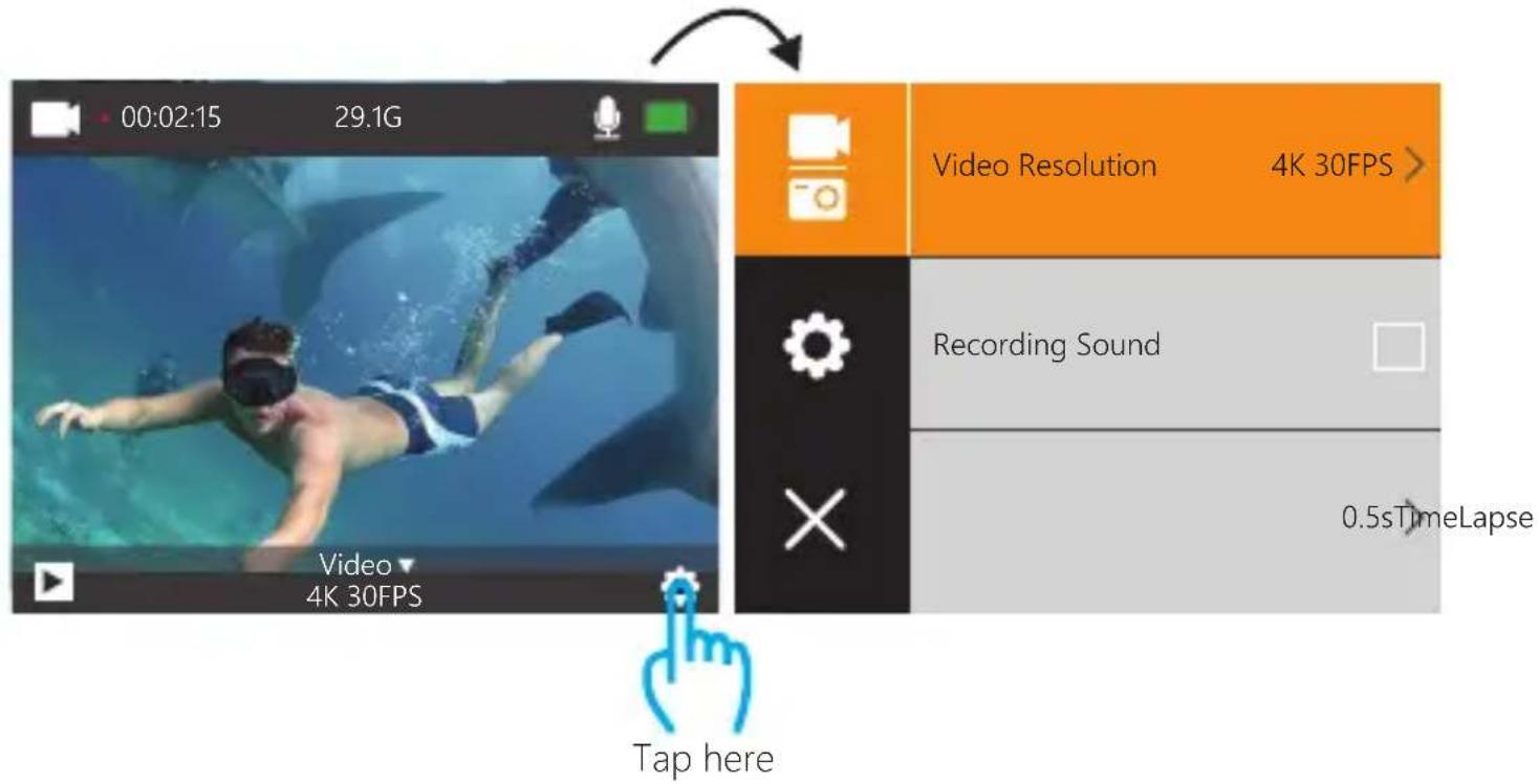 00:02:15 29.1G Video Resolution 4K 30FPS > Recording Sound 0.5sTimeLapse Tap here