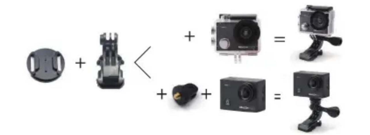 Diagram showing the product and assembly of a camera module, including a plastic housing, camera body, and camera modules with plus signs indicating assembly or integration.