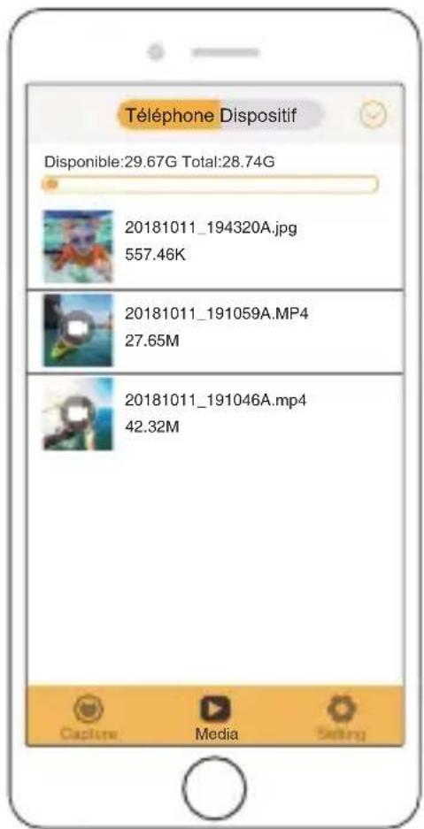 Téléphone Dispositif Disponible:29.67G Total:28.74G 20181011_194320A.jpg 557.46K 20181011_191059A.MP4 27.65M 20181011_191046A.mp4 42.32M Capture Media Setting