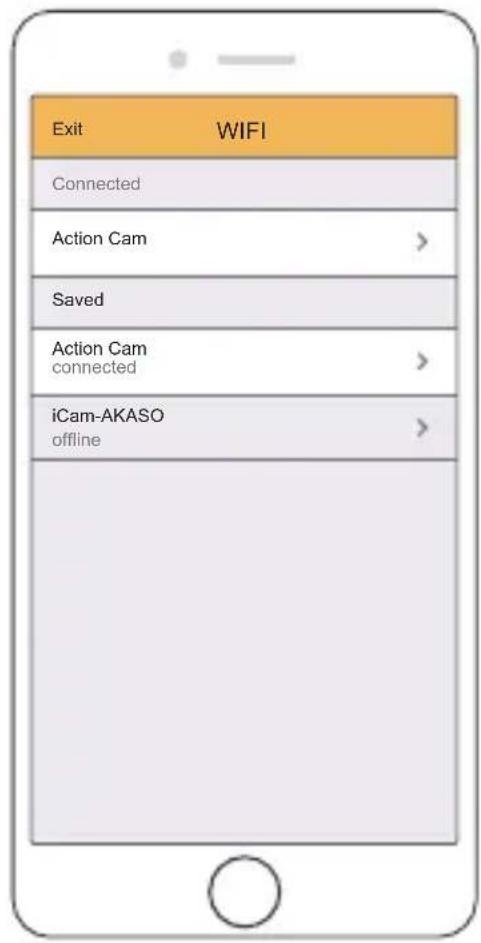Exit WIFI Connected Action Cam > Saved Action Cam connected > iCam-AKASO offline >