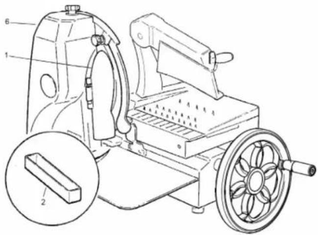 Technical diagram of a mechanical device with labeled parts, including a magnified inset showing a component.