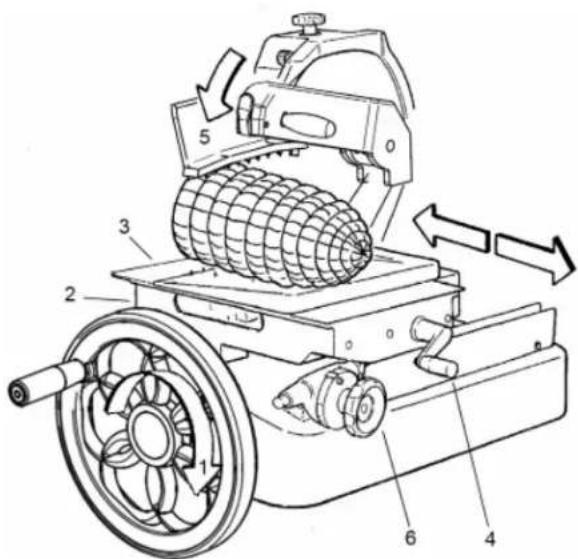 Technical diagram of a mechanical device with numbered components and directional arrows indicating motion or movement.