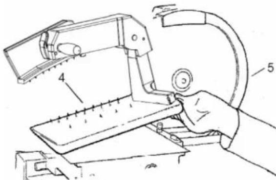 Technical diagram showing a hand operating a mechanical device with labeled parts 4 and 5