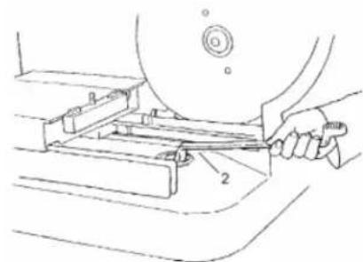 Technical diagram showing a hand operating a machine with labeled parts 1 and 2