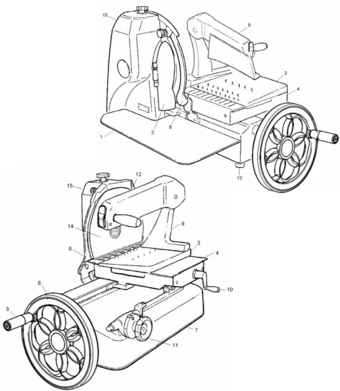 Technical diagram of a mechanical device with numbered parts, including a main lathe and two side views.