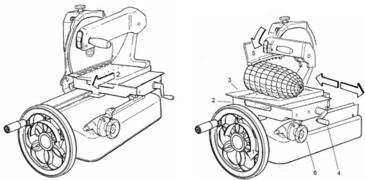 Technical diagram of a mechanical device with numbered parts and directional arrows indicating motion or assembly.