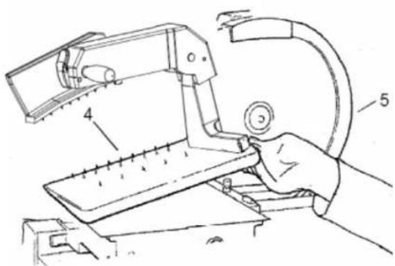 Technical diagram showing a hand operating a mechanical device with labeled parts 4 and 5