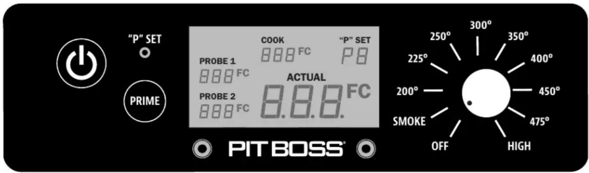 "P" SET PROBE 1 888 FC COOK 888 FC P8 ACTUAL 8.8.8 FC PROBE 2 888 FC PIT BOSS® COOK "P" SET 250° 300° 350° 225° 400° 200° 450° SMOKE OFF HIGH