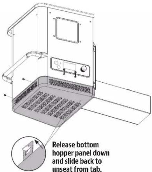 Release bottom hopper panel down and slide back to unseat from tab.