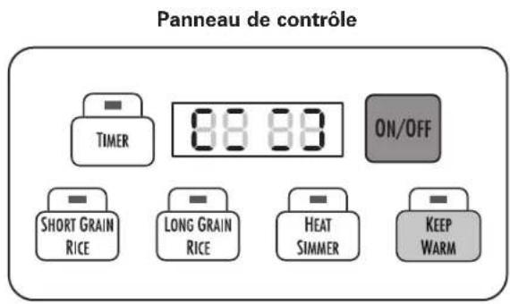 Panneau de contrôle TIMER 88 88 ON/OFF SHORT GRAIN RICE LONG GRAIN RICE HEAT SIMMER KEEP WARM
