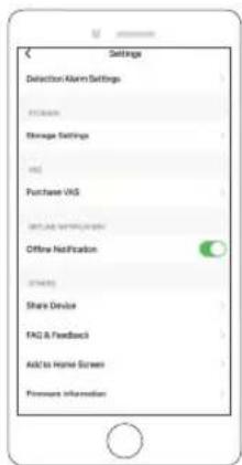 Settings Dellection Alarm Settings 100% Storage Settings V6 Purchase V6 Set up to 90% of V6 Offline Hotspot (7/4) Share Device FAG & Feedback Add to Home Screen Firearm Information