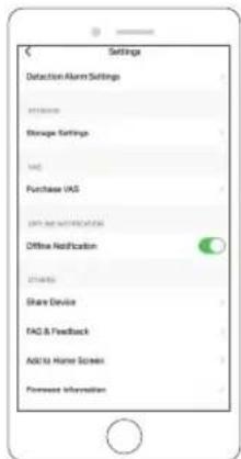 Settings Detection Alarm Settings 31200000 Manage Settings VAC Purchase VAS OFFICE NOTATIONS Offline Notification 374000 Share Device FAG & Feedback ADC to Home Screen Password Information