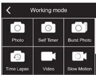 Working mode Photo Self Timer Burst Photo Time Lapse Video Slow Motion