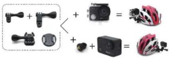 Diagram showing the addition of various bicycle sensors and a camera to a helmet, with plus and minus signs indicating measurement or labeling.